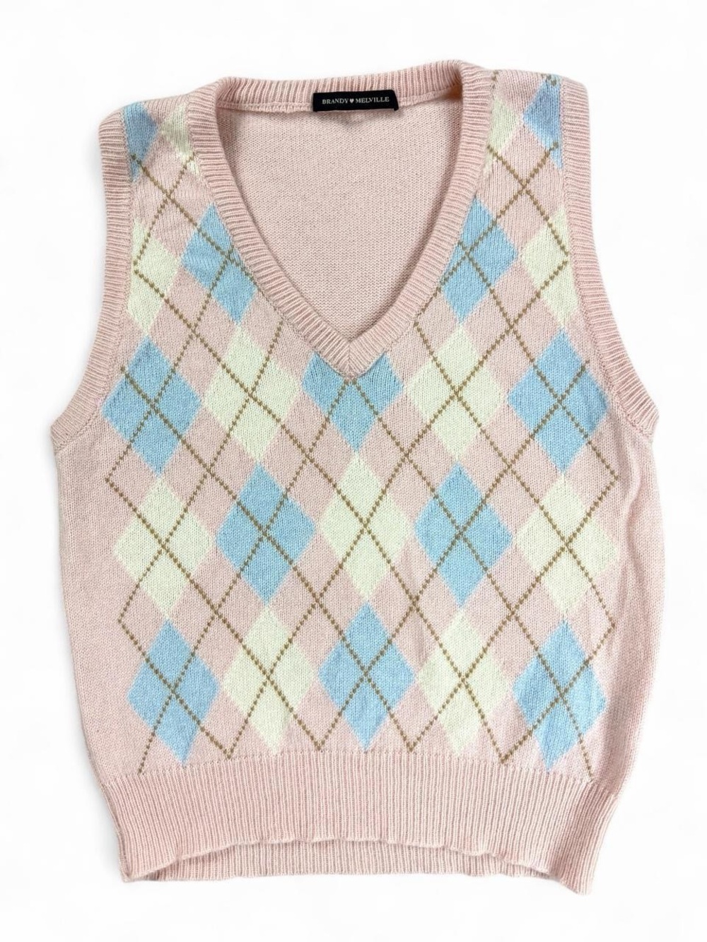 Brandy Melville Pink Argyle V-Neck Sweater Vest with Blue and Cream